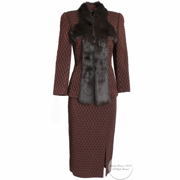John Galliano Suit 2pc Set Rex Rabbit Trim Jacket & Skirt Silk & Wool Knit Sz 6 - Picture 1 of 11